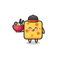 queso como mascota chef chino sosteniendo un tazón de fideos vector