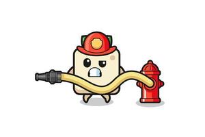 caricatura de tofu como mascota bombero con manguera de agua