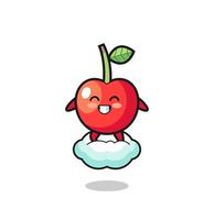 cute cherry illustration riding a floating cloud vector