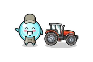 La mascota del granjero de burbujas de pie junto a un tractor. vector