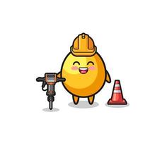 road worker mascot of golden egg holding drill machine vector