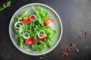 salad fresh vegetable arugula, tomato, onion plate meal snack on the table copy space food background photo