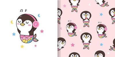 cute penguin mermaid cartoon pattern seamless on pink background with relax time. drinking coffee, listening music, and happy.