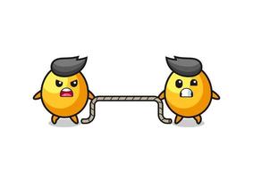 cute golden egg character is playing tug of war game vector