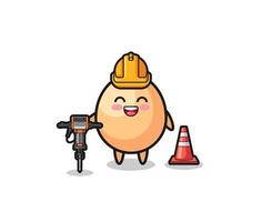 road worker mascot of egg holding drill machine vector