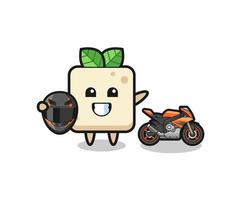 linda caricatura de tofu como piloto de motos vector