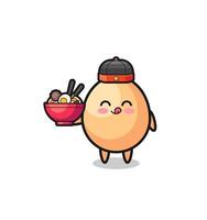 huevo como mascota chef chino sosteniendo un tazón de fideos vector