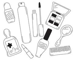 a set of women's cosmetics in the doodle style vector