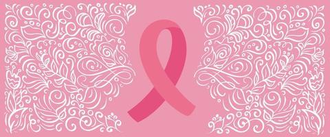 Stylized pink vector banner ribbon of Breast Canser for October is Cancer Awareness Month. Calligraphy illustration on pink flourish background