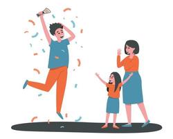 un hombre feliz con su familia se regocija al ganar la lotería vector