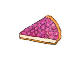 Piece of blueberry cheesecake drawing with crayon on white paper photo