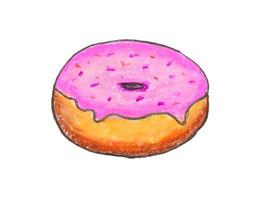 Pink donut drawing with crayon on white paper photo