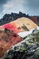 Landscape view of colorful rainbow volcanic Landmannalaugar mountains and famous Laugavegur hiking trail, with dramatic sky and snow in Iceland, summer photo