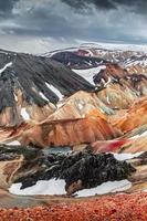 Increíble paisaje islandés de coloridas tierras volcánicas de arcoíris, montañas de Mannalaugar, en la famosa ruta de senderismo de Laugavegur con un espectacular cielo nevado y suelo de volcán rojo en Islandia. foto