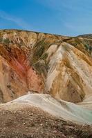 Cover page with colorful Icelandic rainbow volcanic Landmannalaugar mountains at famous Laugavegur hiking trail in Iceland, blue sky summer scenery. photo