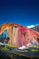 icónico arco iris colorido volcánico monte brennisteinsalda en las montañas landmannalaugar en islandia. verano, paisajes naturales con cielo azul y campos de lava humeantes. foto