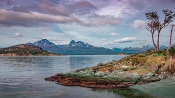 Panoramic view over beautiful sunset at Ensenada Zaratiegui Bay in Tierra del Fuego National Park, near Ushuaia and Beagle Channel, Patagonia, Argentina, early Autumn. photo