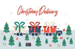Camión largo de entrega de Navidad con caja de regalo. Ilustración de vector de envío gratis. furgoneta de reparto aislada con lazo rojo. caja de regalo en camión ilustración vectorial plana con espacio de copia