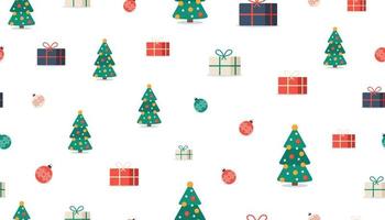 Navidad de patrones sin fisuras. árbol, caja de regalo, bola sobre fondo blanco. Navidad de patrones sin fisuras con decoración navideña y feliz navidad. feliz año nuevo fondo multicolor. plantilla de vector