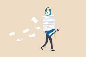 Workload and aggressive deadline causing exhaustion and burnout, overload or overworked office routine concept, tired businessman carrying heavy documents paperwork with alarm clock deadline on top. vector