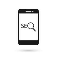 Mobile phone flat design icon with SEO, search engine optimization algorithm sign. vector