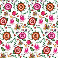 Patrón de bordado floral mexicano transparente, diseño de moda popular de coloridas flores nativas. Bordado de estilo textil tradicional de México, vector aislado sobre fondo blanco.