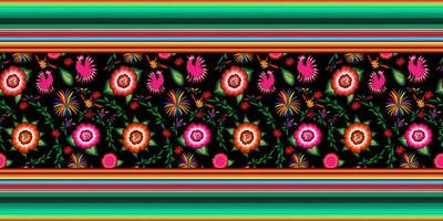 Patrón de bordado floral mexicano transparente, diseño de moda popular de coloridas flores nativas. Bordado de estilo textil tradicional de México, colores rayados, vector aislado sobre fondo negro