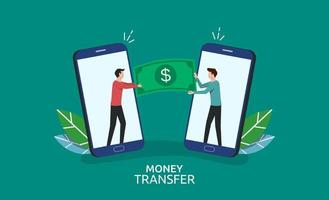 Online money transfer concept, two men holding money paper for transaction by using internet service vector