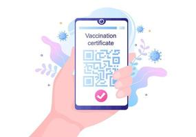 icono de certificado de vacunación covid-19 con un documento como prueba de estar vacunado en forma de tarjeta o escaneado en un teléfono inteligente. ilustración vectorial de fondo vector