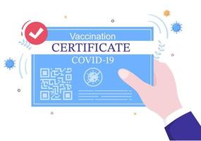 icono de certificado de vacunación covid-19 con un documento como prueba de estar vacunado en forma de tarjeta o escaneado en un teléfono inteligente. ilustración vectorial de fondo vector