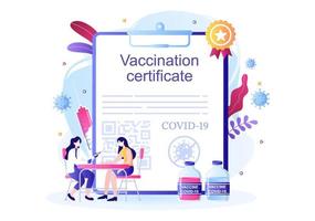 icono de certificado de vacunación covid-19 con un documento como prueba de estar vacunado en forma de tarjeta o escaneado en un teléfono inteligente. ilustración vectorial de fondo vector