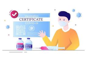 icono de certificado de vacunación covid-19 con un documento como prueba de estar vacunado en forma de tarjeta o escaneado en un teléfono inteligente. ilustración vectorial de fondo vector