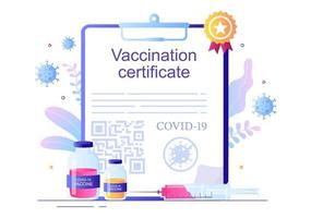 icono de certificado de vacunación covid-19 con un documento como prueba de estar vacunado en forma de tarjeta o escaneado en un teléfono inteligente. ilustración vectorial de fondo vector