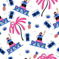 Seamless pattern with joyful dj, palm trees, pineapples, musical equipment decorated with sharks and starfishes on white. Summertime, beach dance party, vacation. Pink, coral and blue colors.