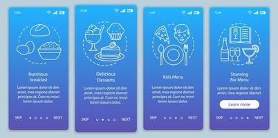 Food service onboarding mobile app page screen vector template. Family cafe menu. Inn restaurant. Walkthrough website steps with linear illustrations. UX, UI, GUI smartphone interface concept
