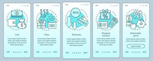 Recompensas de referencia al incorporar la pantalla de la página de la aplicación móvil con conceptos lineales. instrucciones gráficas de los pasos del tutorial. efectivo, premios, descuentos. ux, ui, plantilla de vector de interfaz gráfica de usuario con ilustraciones