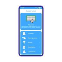 Football school smartphone interface vector template. Mobile app page blue design layout. Soccer club website screen. Sports application flat UI. Schedule, awards, training camps info on phone display