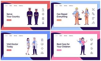 Services workers landing page vector template. Website interface idea with flat illustrations. Army, medicine and healthcare services homepage layout. Babysitting web banner, webpage cartoon concept