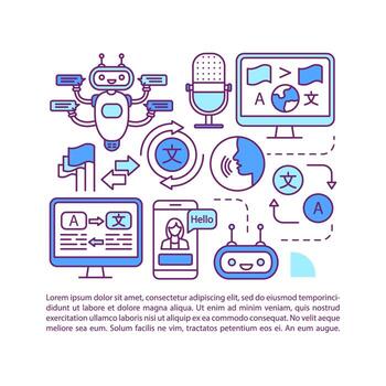 Plantilla de vector de página de artículo de programa de traducción automática. traductor online. folleto, revista, elemento de folleto con iconos lineales y cuadros de texto. diseño de impresión. ilustraciones de concepto con espacio de texto