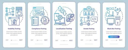 Non-functional software testing onboarding mobile app page screen vector template. Usability analysis. Walkthrough website steps with linear illustrations. UX, UI, GUI smartphone interface concept