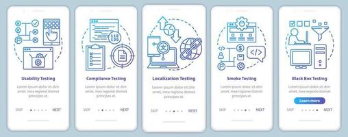 prueba de software no funcional incorporación de plantilla de vector de pantalla de página de aplicación móvil. análisis de usabilidad. paso a paso del sitio web con ilustraciones lineales. concepto de interfaz de teléfono inteligente ux, ui, gui