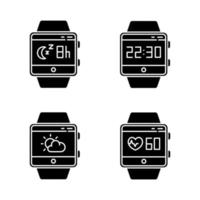 Conjunto de iconos de glifos de funciones de rastreador de fitness. servicios de bienestar de reloj inteligente. seguimiento de la frecuencia cardíaca, monitoreo del sueño, reloj, pronóstico del tiempo. símbolos de silueta. vector ilustración aislada