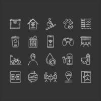 Apartment amenities chalk icons set. Residential services. Comfortable house signs. Luxuries for dwelling inhabitants. Property conveniences for renters. Isolated vector chalkboard illustrations