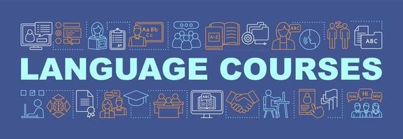 Language learning for business word concepts banner. Foreign language classes, school, lessons. Isolated lettering typography idea with linear icons. Online courses. Vector outline illustration