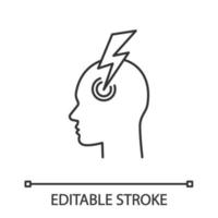 Migraine linear icon. Thin line illustration. Human head with lightning bolt. Thunderclap headache. Temple pressure, pain. Flu symptom. Contour symbol. Vector isolated outline drawing. Editable stroke