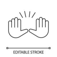 Raising hands gesture linear icon. Thin line illustration. Stop, surrender gesturing. Waving two palms emoji. Contour symbol. Vector isolated outline drawing. Editable stroke