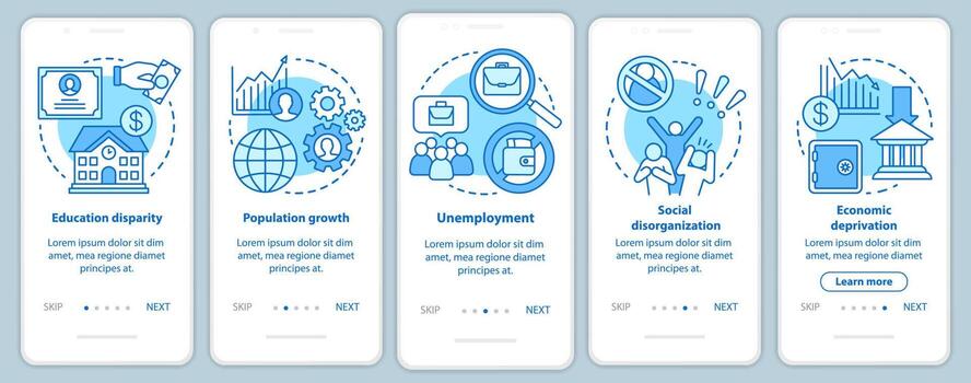 Social problems onboarding mobile app page screen with linear concepts. Unemployment, economic deprivation, population growth walkthrough graphic instructions. UX, UI, GUI vector template with icons
