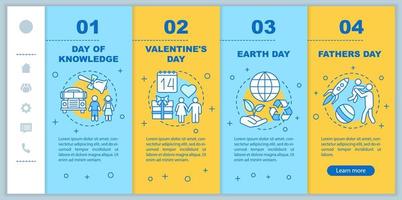 Seasonal holidays onboarding mobile web pages vector template. Responsive smartphone interface idea with linear illustrations. Father's, earth day webpage walkthrough steps. Color concept