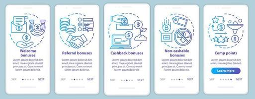 Casino bonuses onboarding mobile app page screen with linear concepts. Gambling. Comp points, cash back, referral, welcome bonuses. Walkthrough steps graphic instructions. UX, UI, GUI vector template