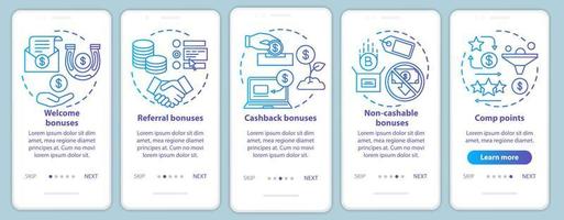 Casino bonuses onboarding mobile app page screen with linear concepts. Gambling. Comp points, cash back, referral, welcome bonuses. Walkthrough steps graphic instructions. UX, UI, GUI vector template